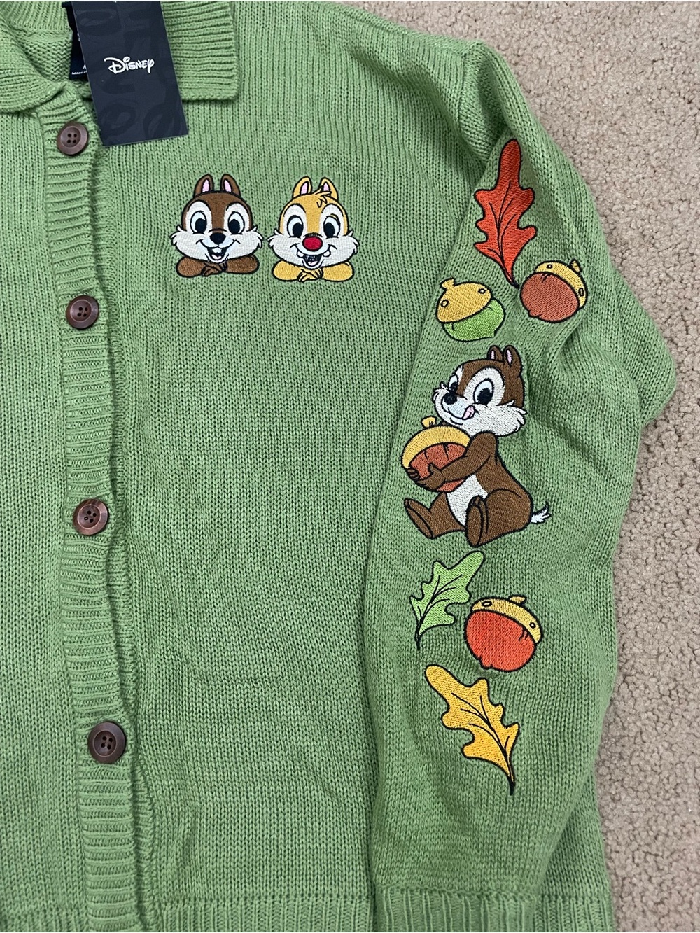 Disney Green Chip 'n' Dale Knit Cardigan Jacket with Fall embroidery - Picture 3 of 6